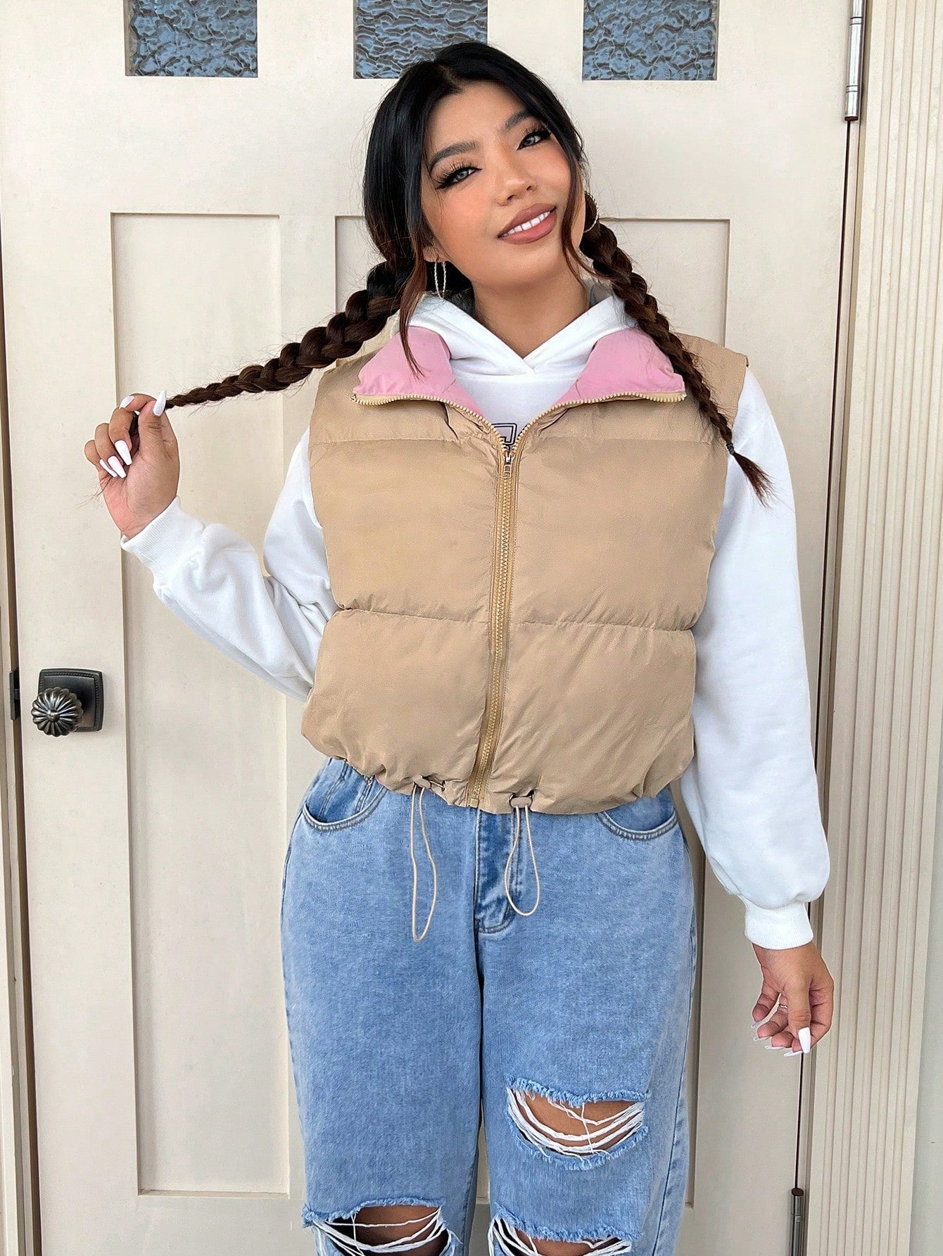 Qutie Plus Drawstring Hem Zipper Vest Puffer Coat