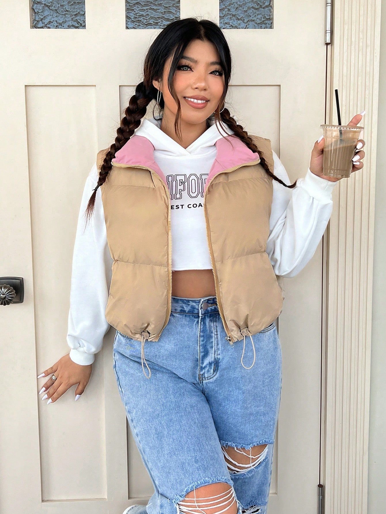 Qutie Plus Drawstring Hem Zipper Vest Puffer Coat