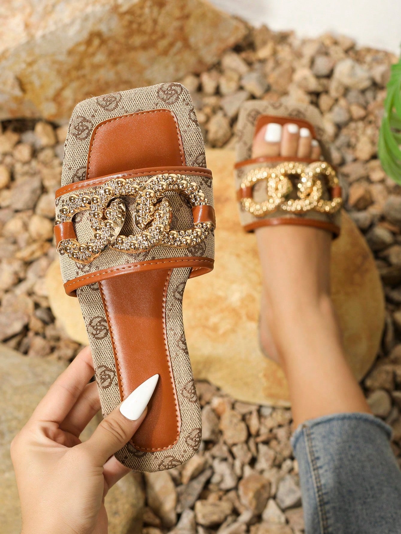 Women's Denim Flat Square Toe Slide Sandals