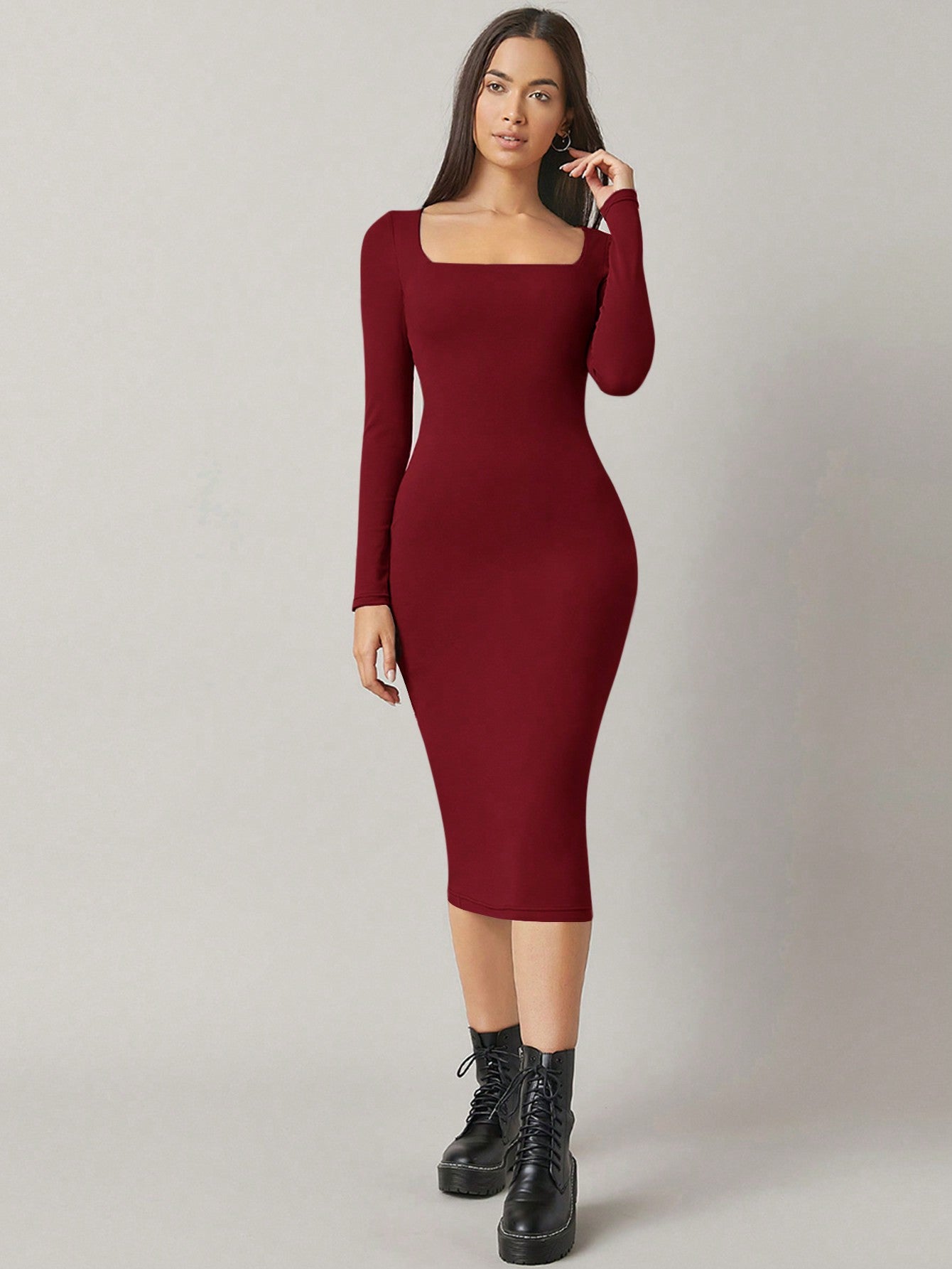 BASICS Square Neck Solid Bodycon Dress
