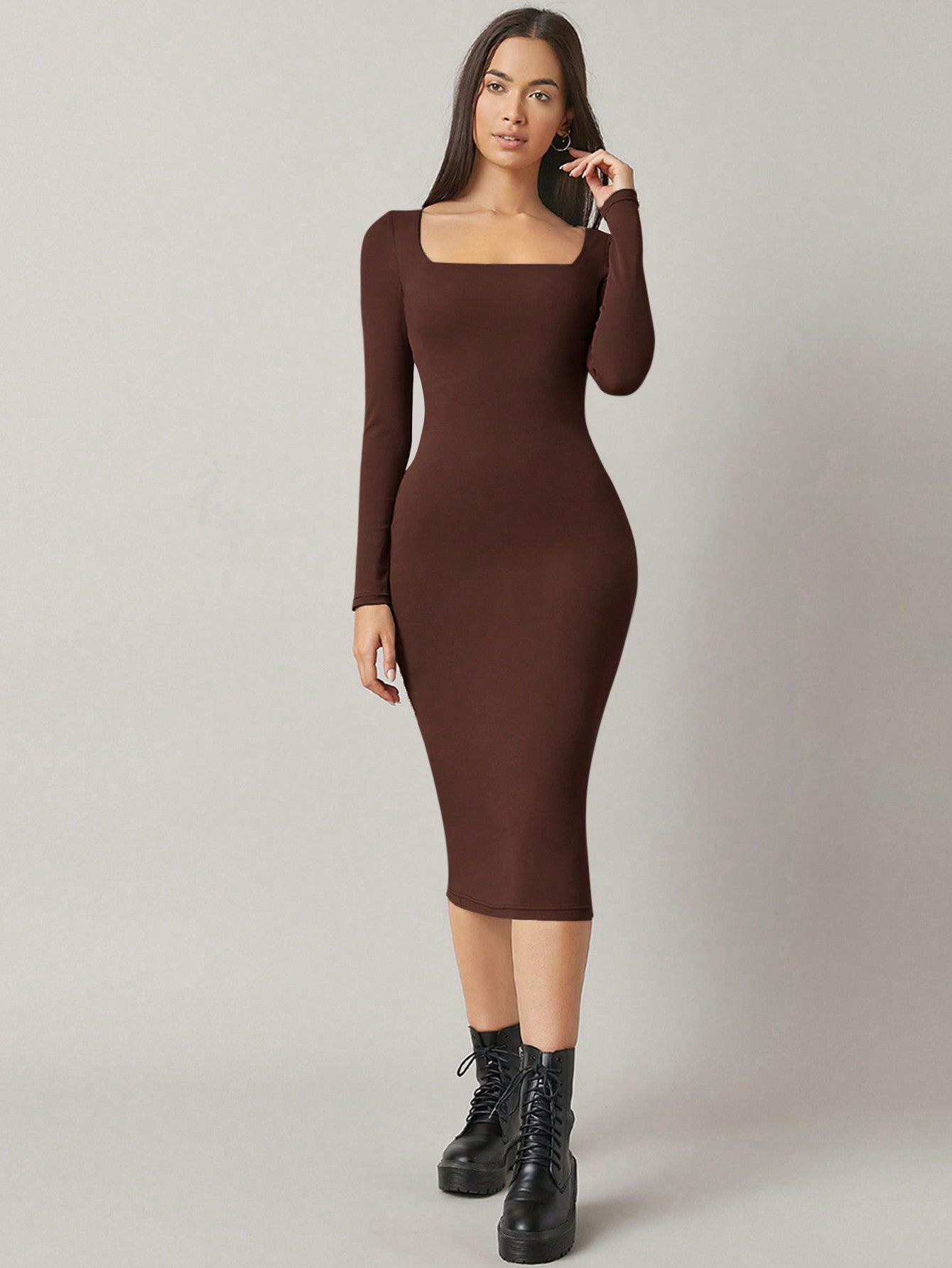 BASICS Square Neck Solid Bodycon Dress