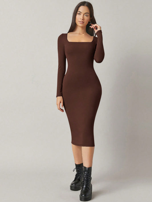 BASICS Square Neck Solid Bodycon Dress