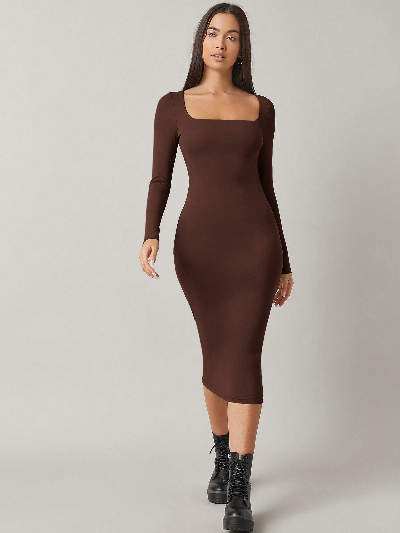BASICS Square Neck Solid Bodycon Dress