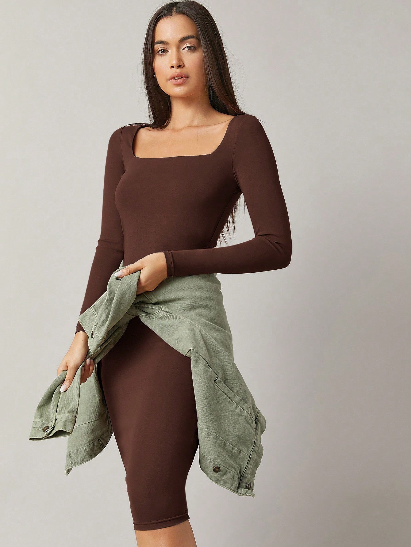 BASICS Square Neck Solid Bodycon Dress