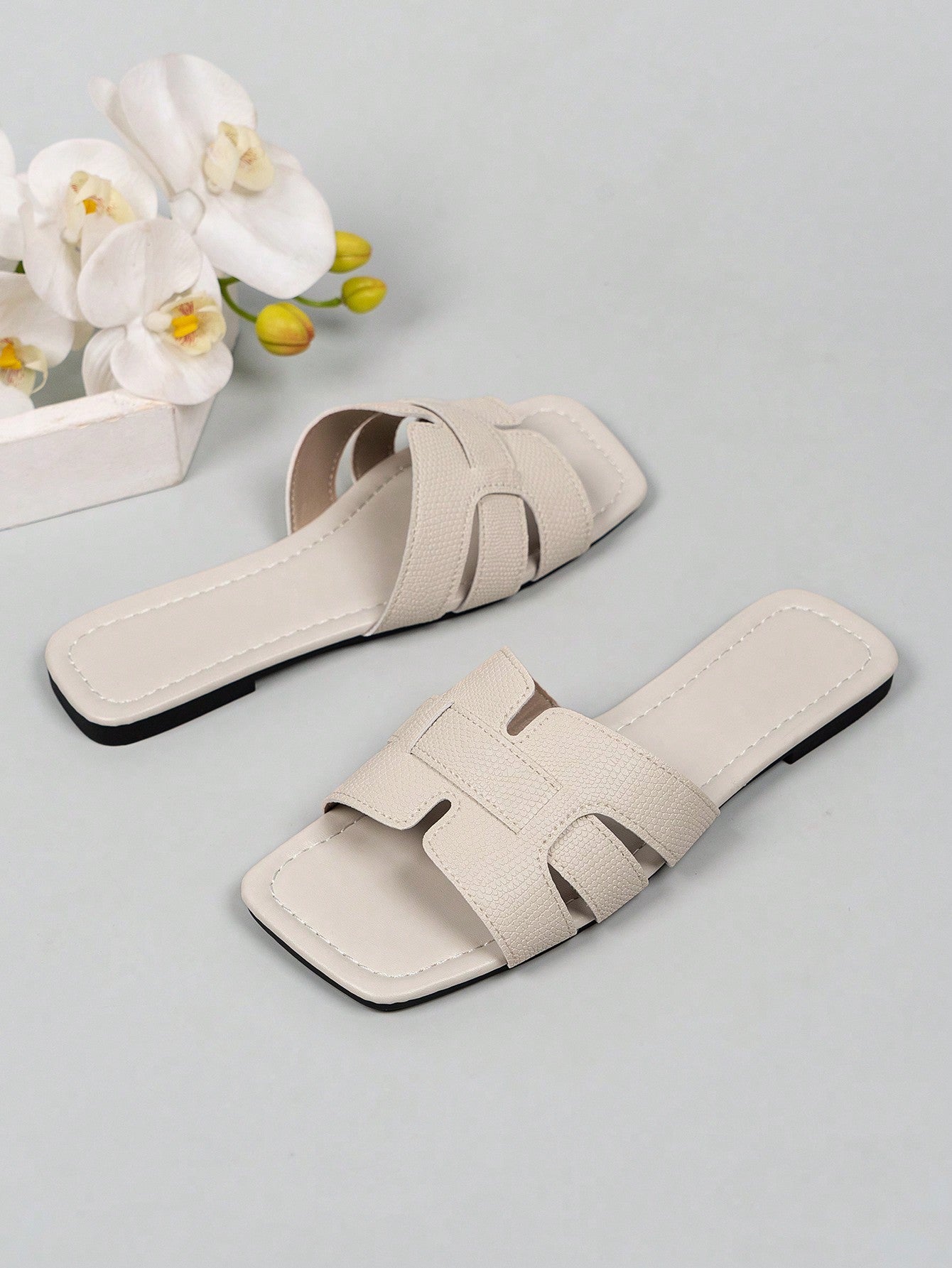 Women Black Snakeskin Embossed Slide Sandals, Elegant Open Toe Sandals