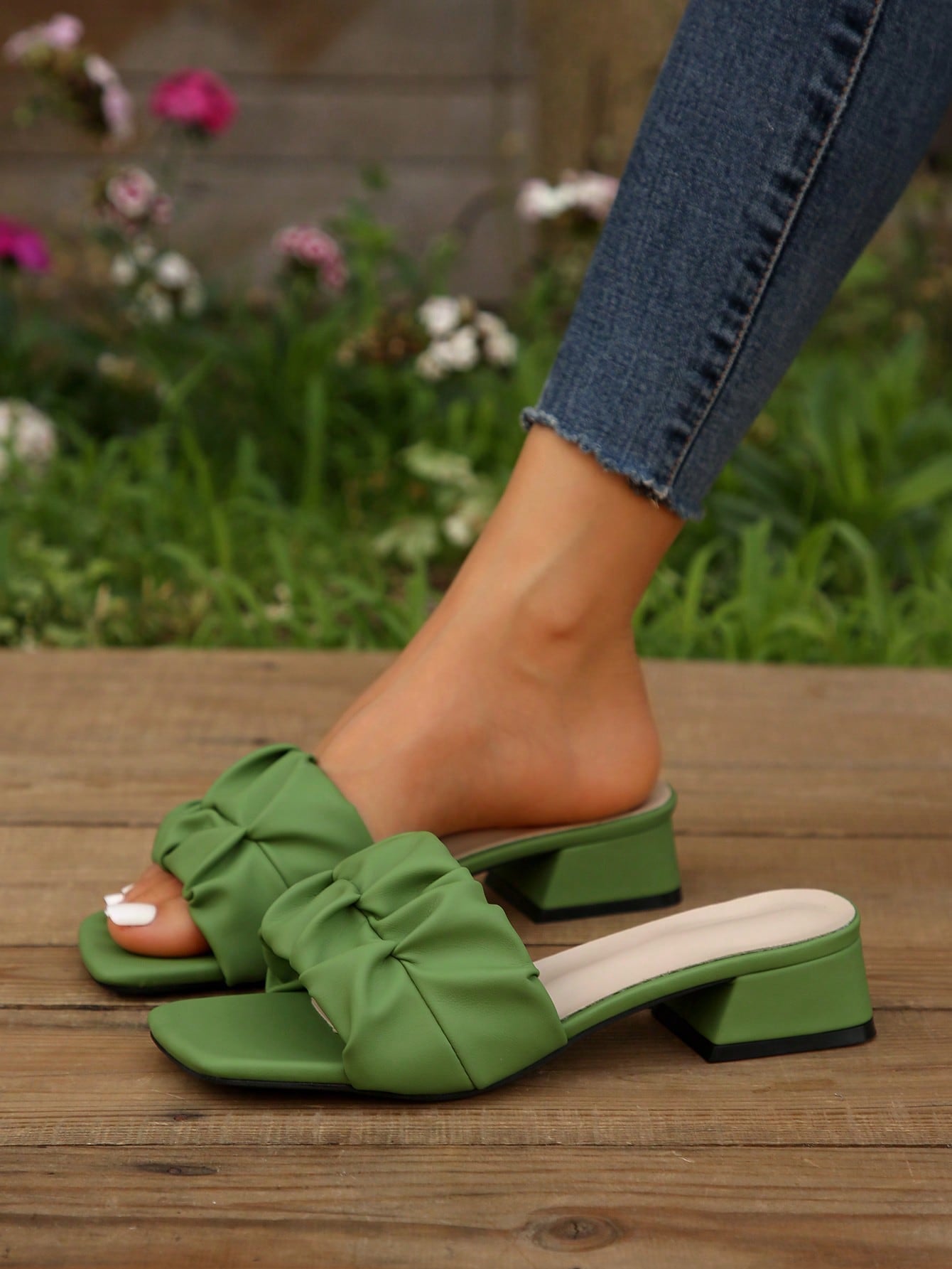 Women Ruched Single Band Heeled Sandals, Chunky Heeled Elegant Mule Sandals For Outdoor