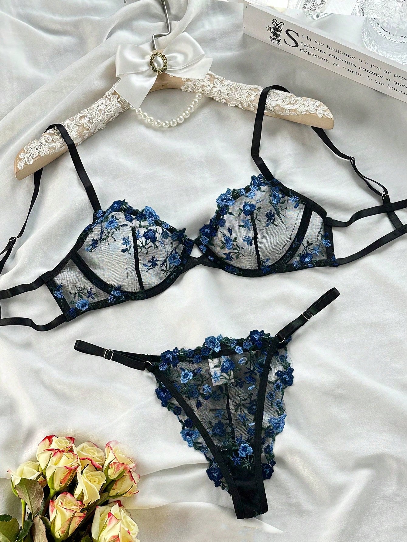 Embroidery Sheer Mesh Underwire Lingerie Set