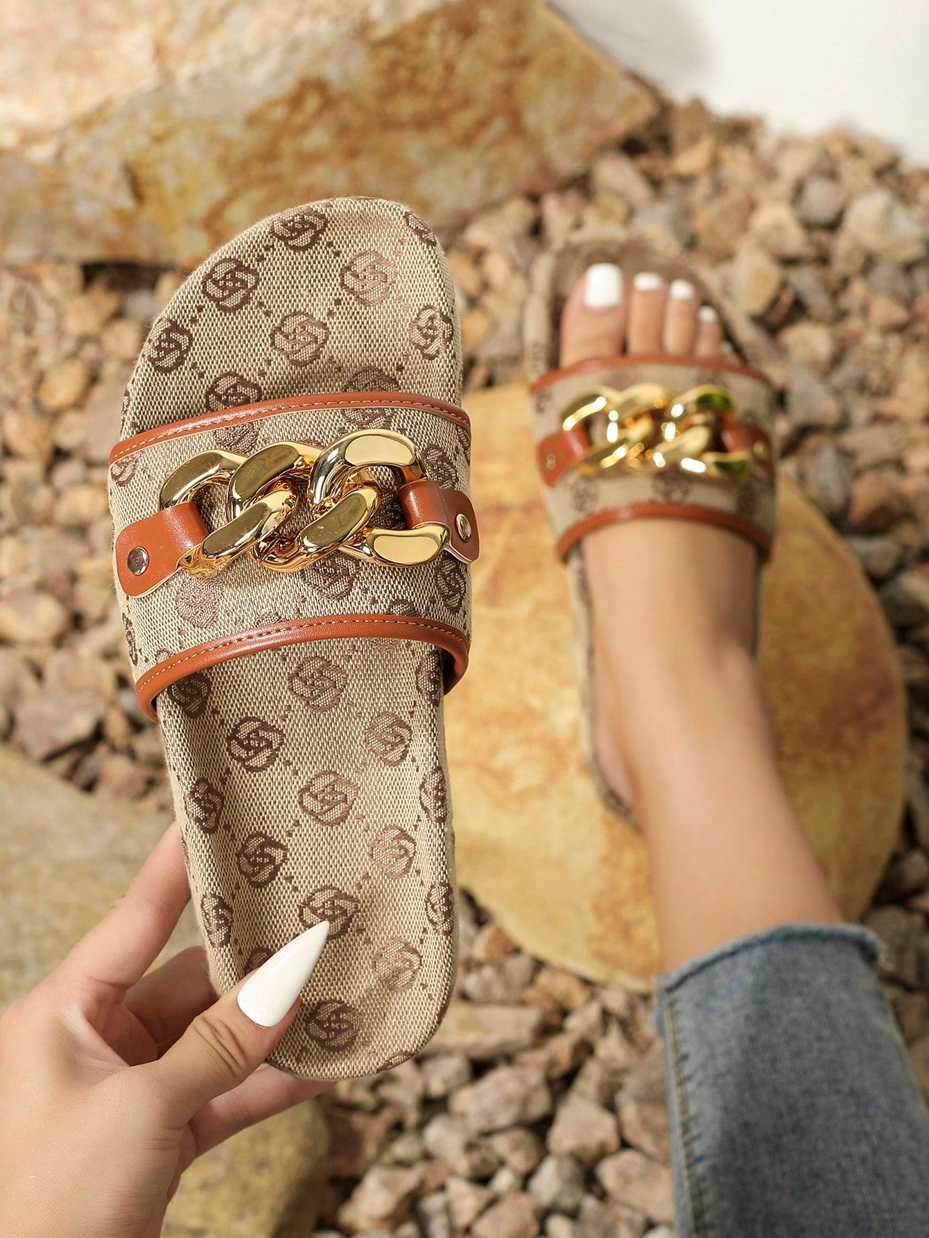 Women's Denim Flat Square Toe Slide Sandals