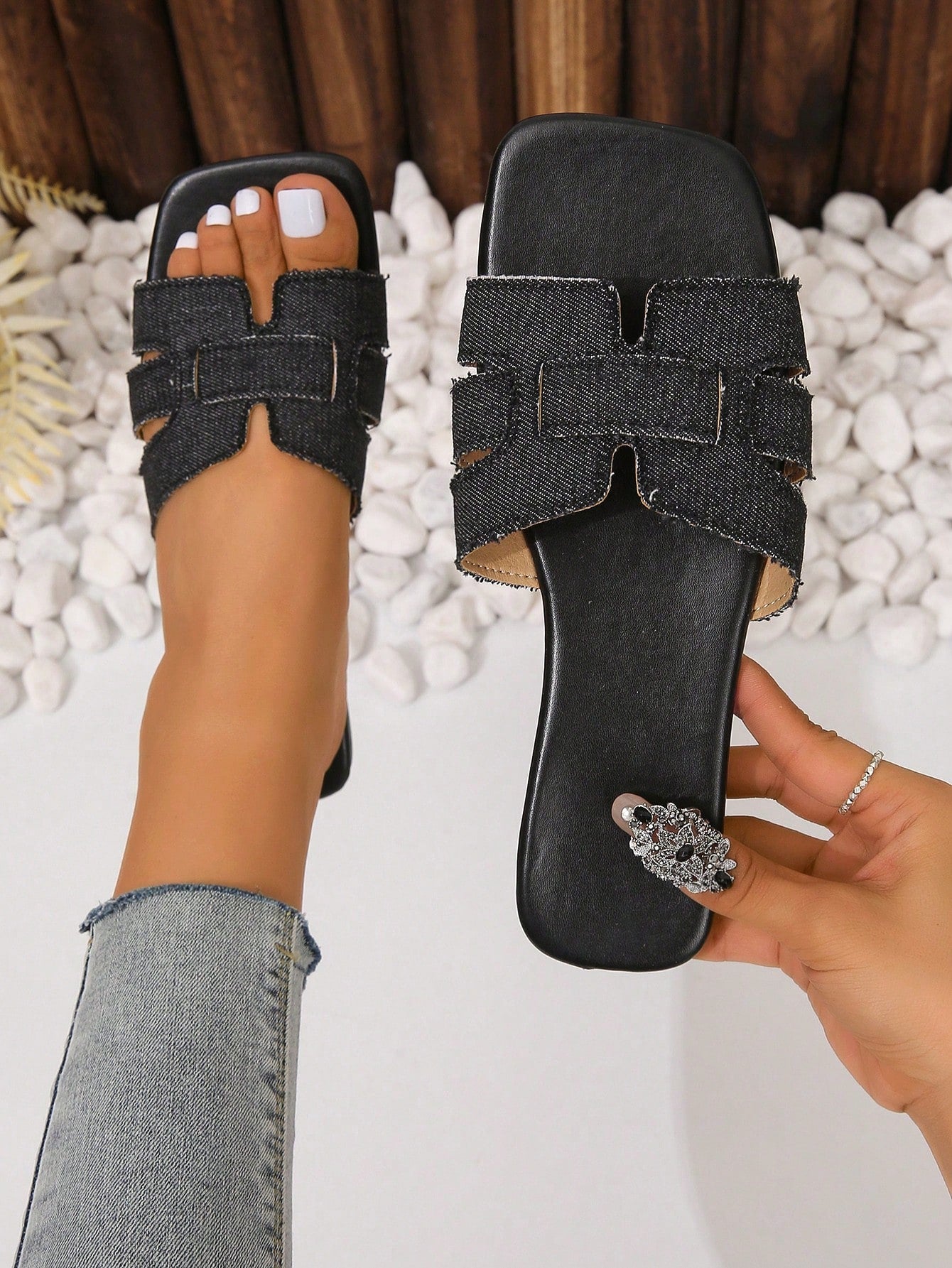 Women Black Snakeskin Embossed Slide Sandals, Elegant Open Toe Sandals