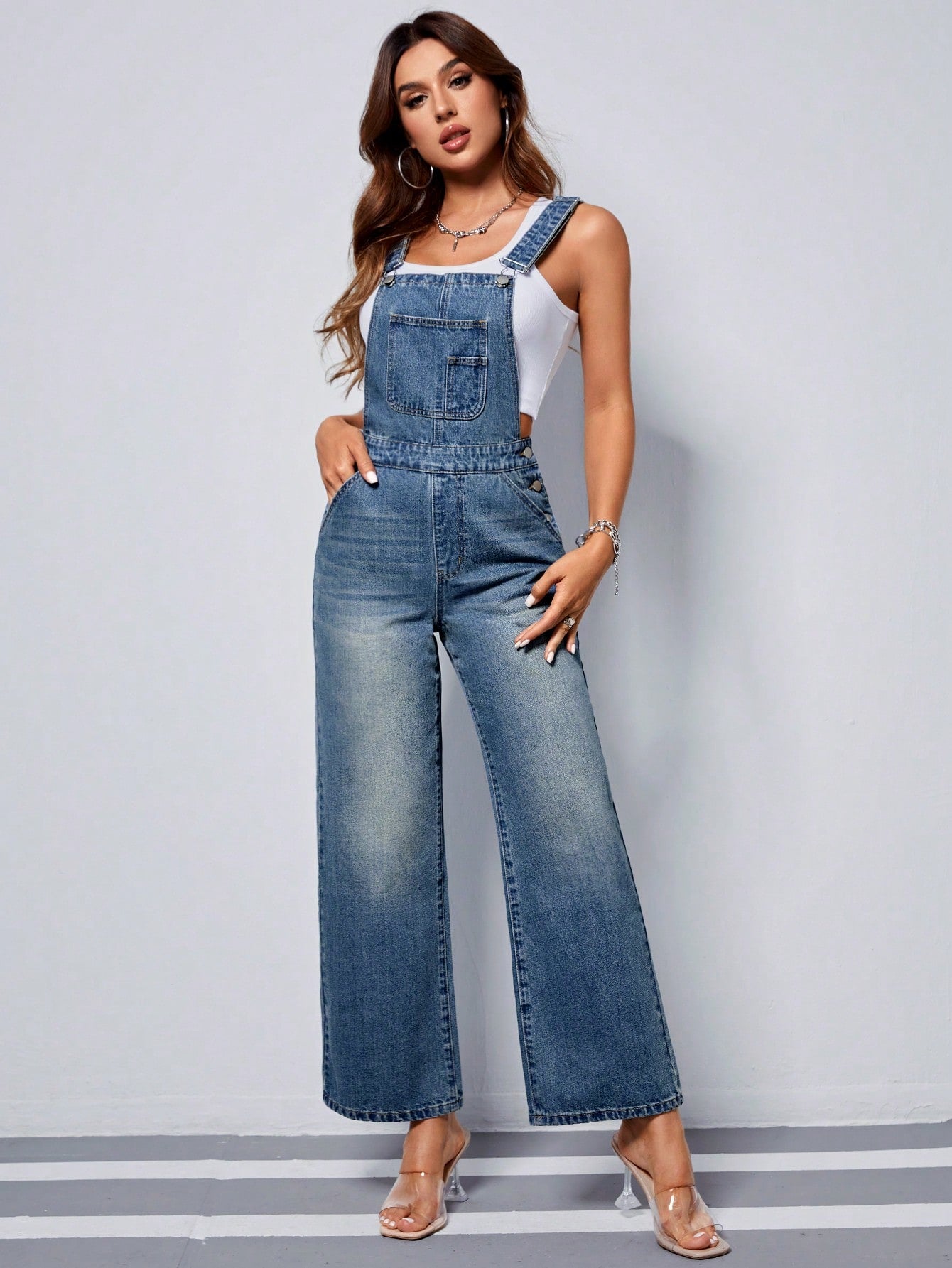 Slant Pocket Denim Overalls Without Top
