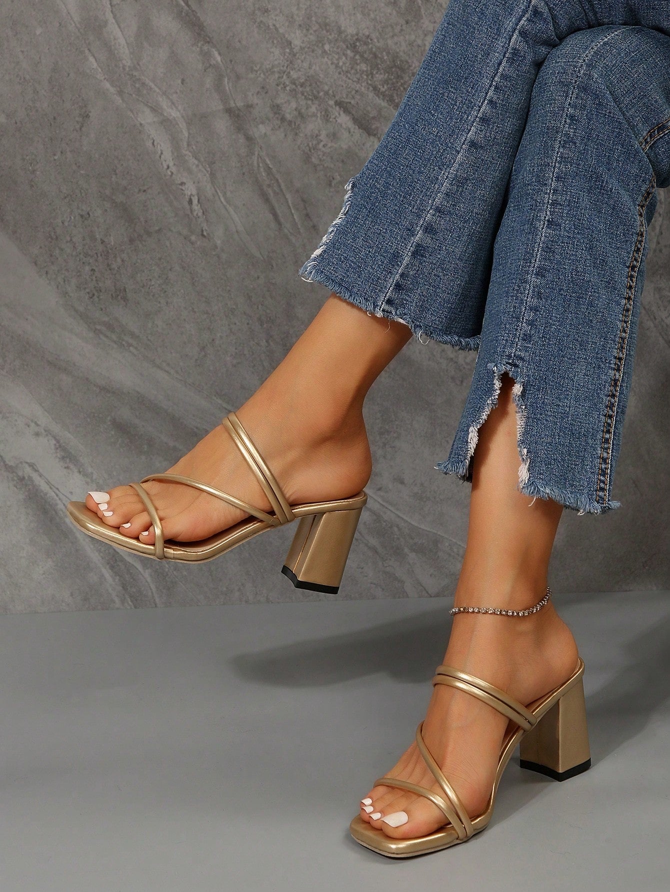 Women Thin Strap Chunky Heeled Mule Sandals, Elegant Summer Heeled Sandals