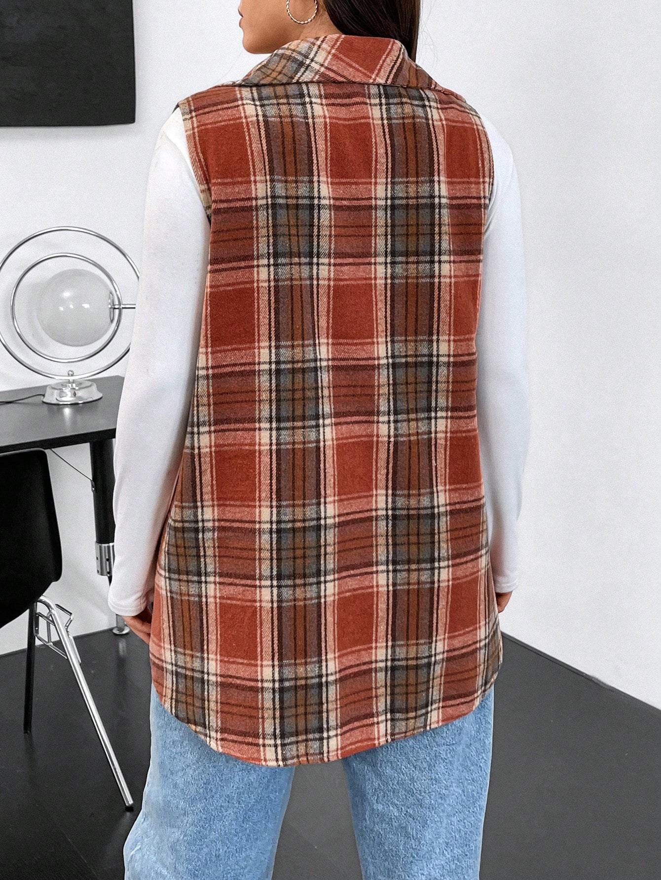 LUNE Plus Plaid Print Flap Detail Vest Coat