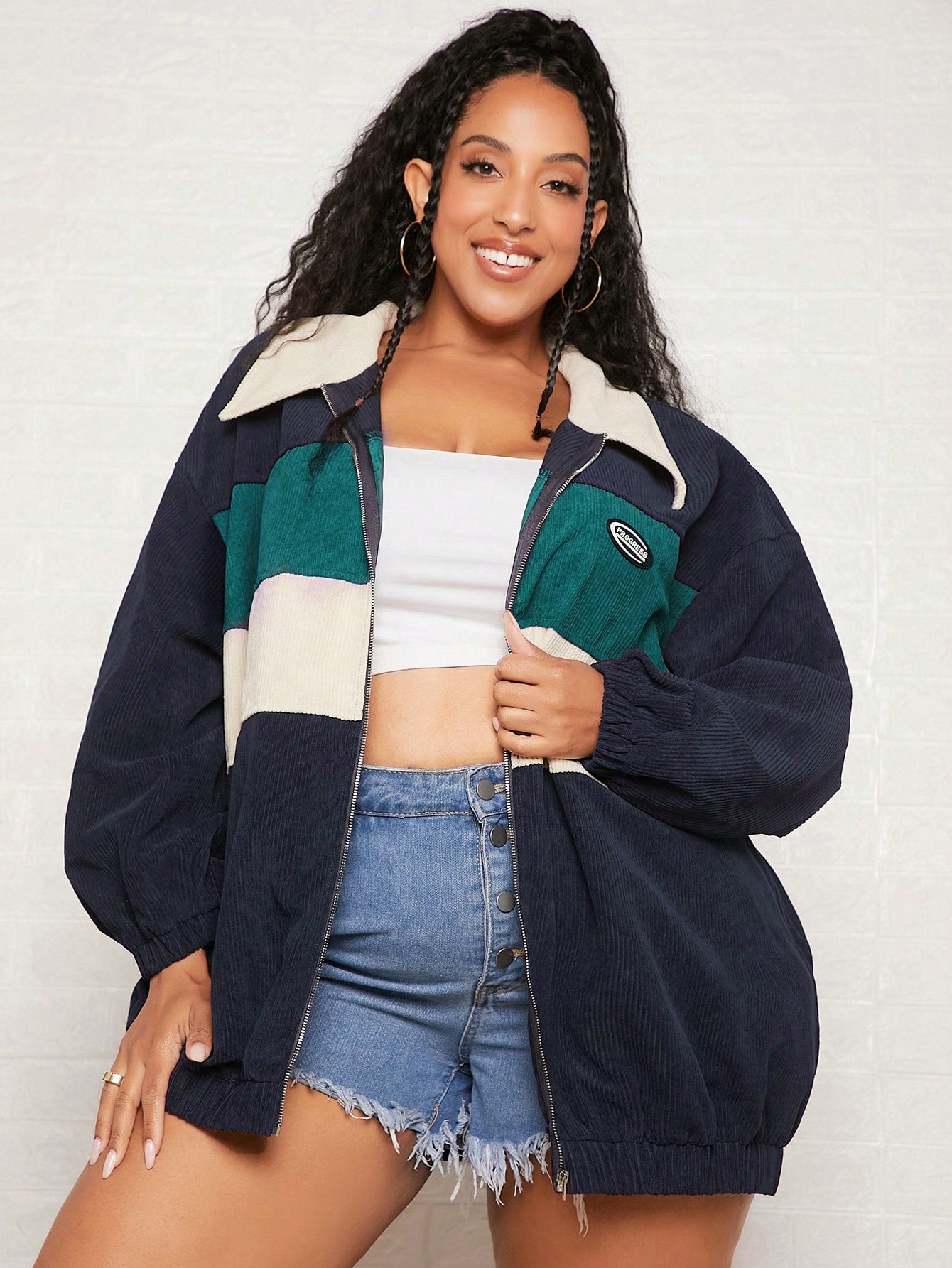CURVE+ Plus Colorblock Letter Patched Detail Drop Shoulder Corduroy Jacket