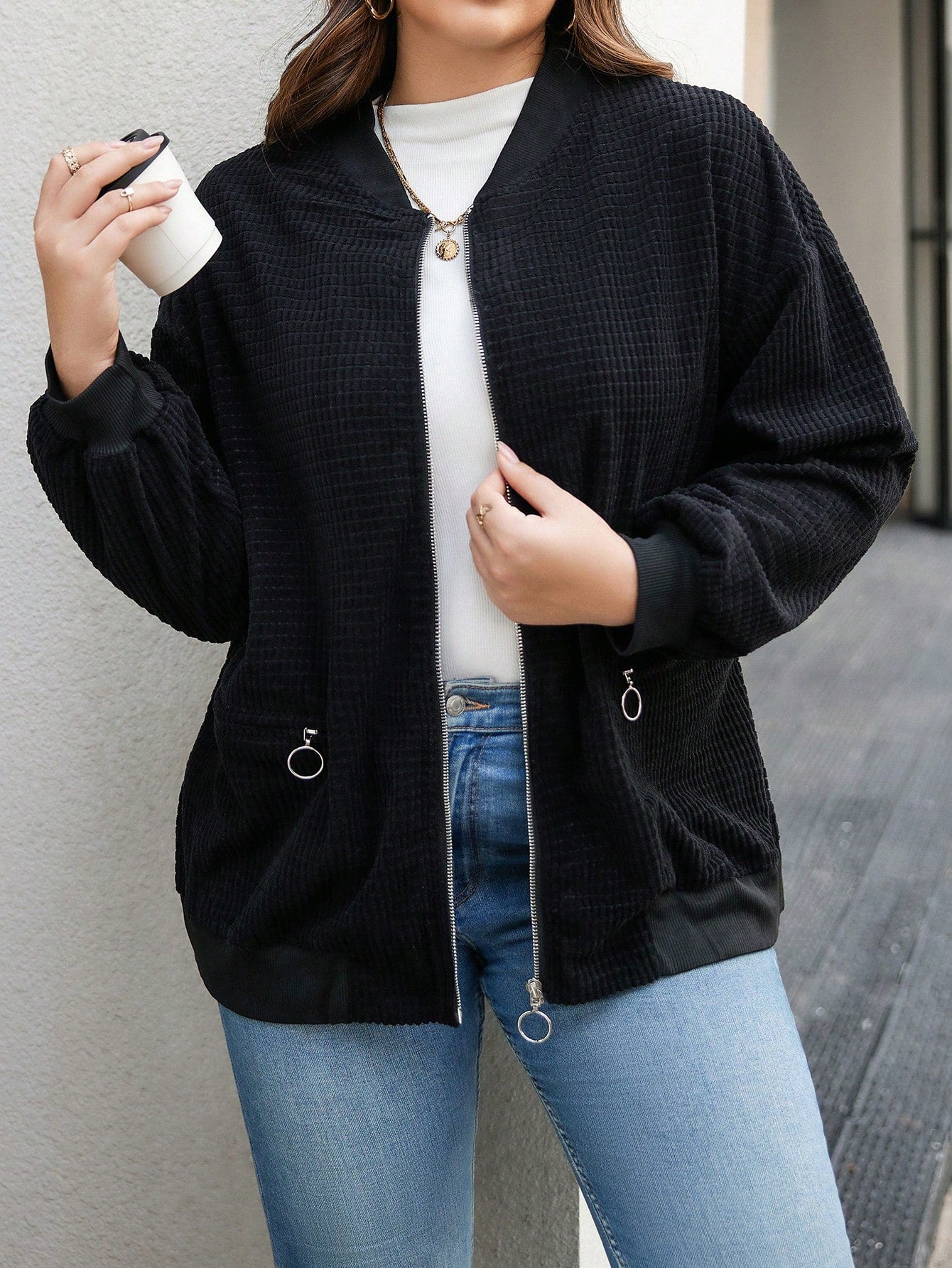 Essnce Plus Zip Up Drop Shoulder Bomber Jacket