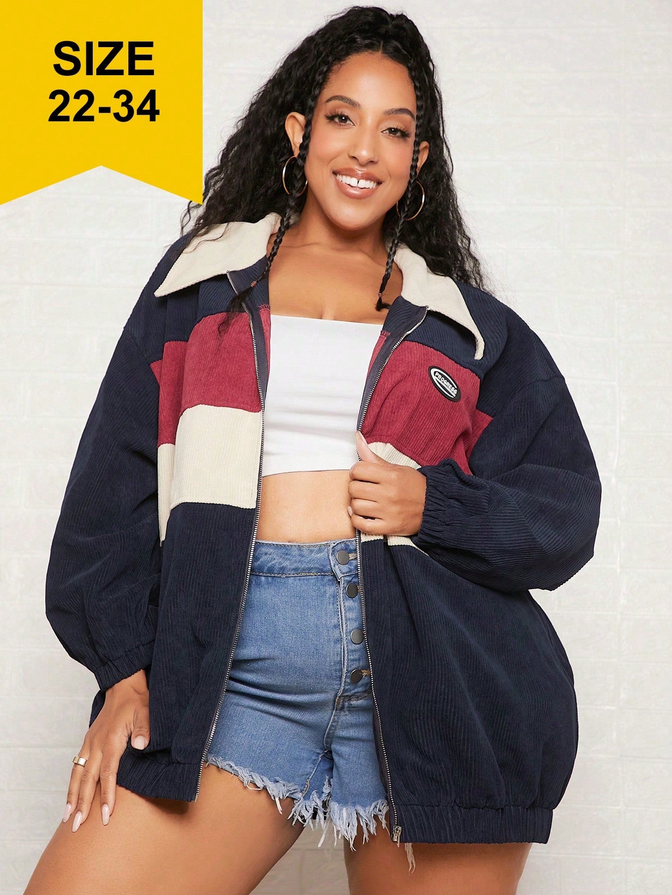 CURVE+ Plus Colorblock Letter Patched Detail Drop Shoulder Corduroy Jacket