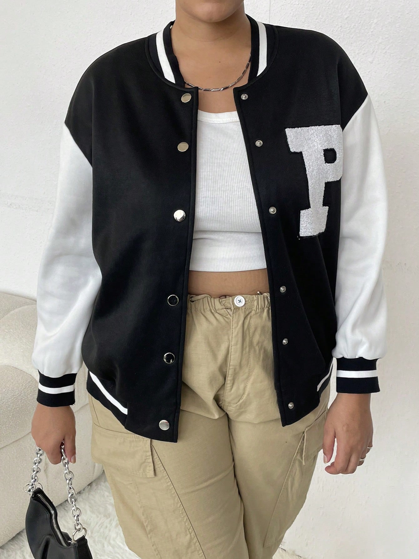 CURVE+ Plus Letter Patched Striped Trim Drop Shoulder Varsity Jacket