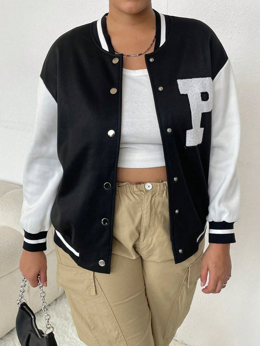 CURVE+ Plus Letter Patched Striped Trim Drop Shoulder Varsity Jacket