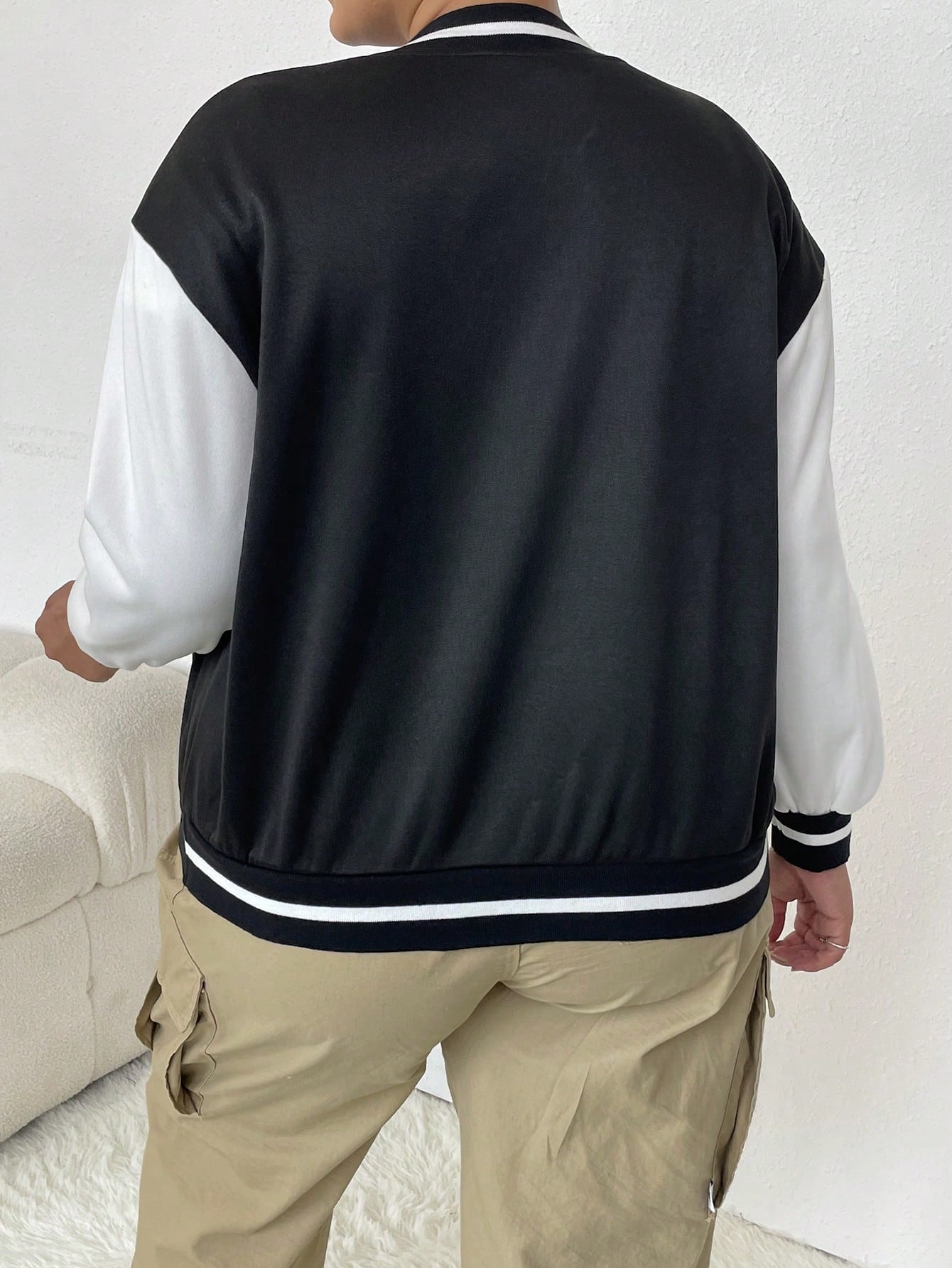 CURVE+ Plus Letter Patched Striped Trim Drop Shoulder Varsity Jacket
