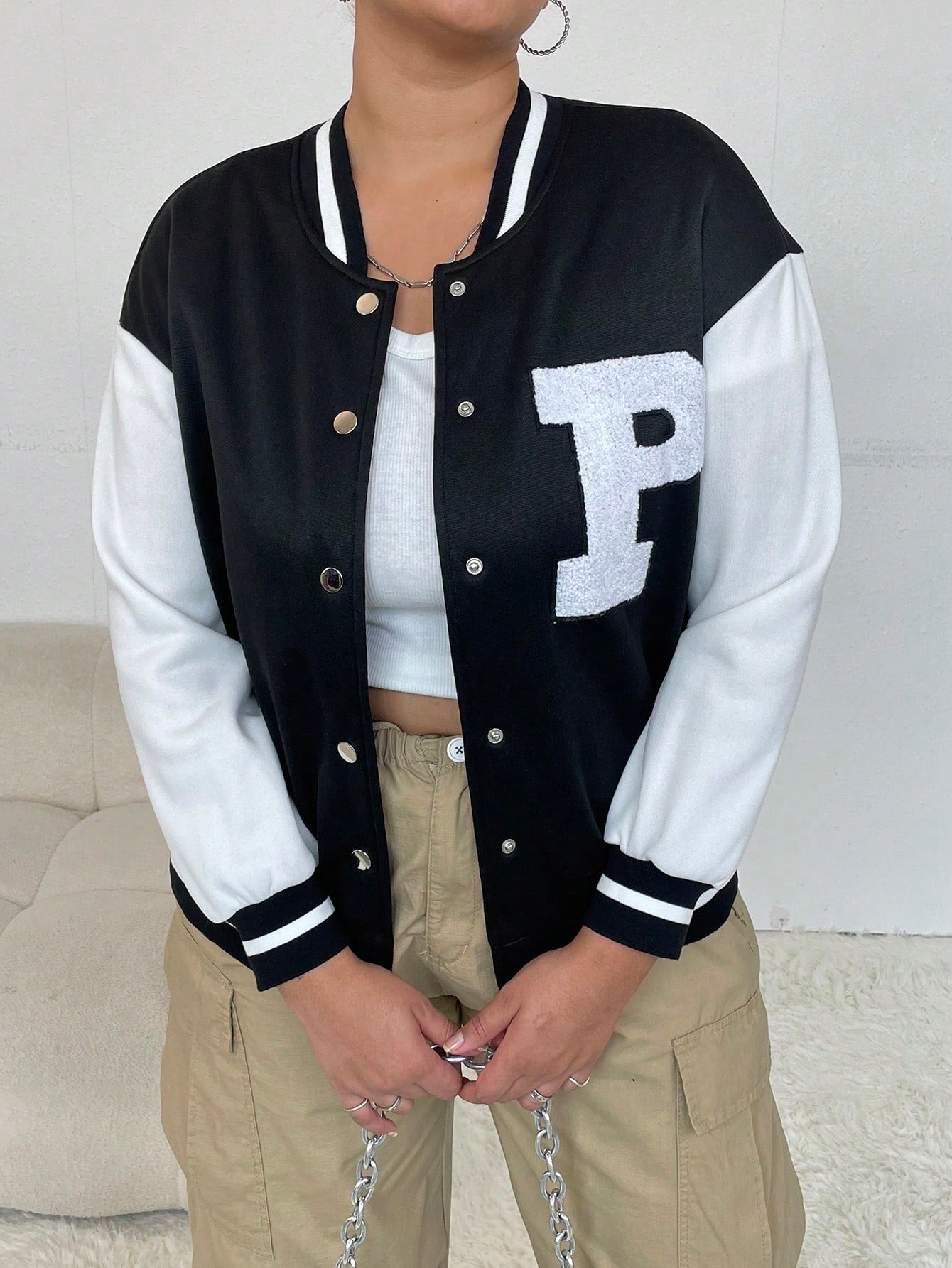 CURVE+ Plus Letter Patched Striped Trim Drop Shoulder Varsity Jacket