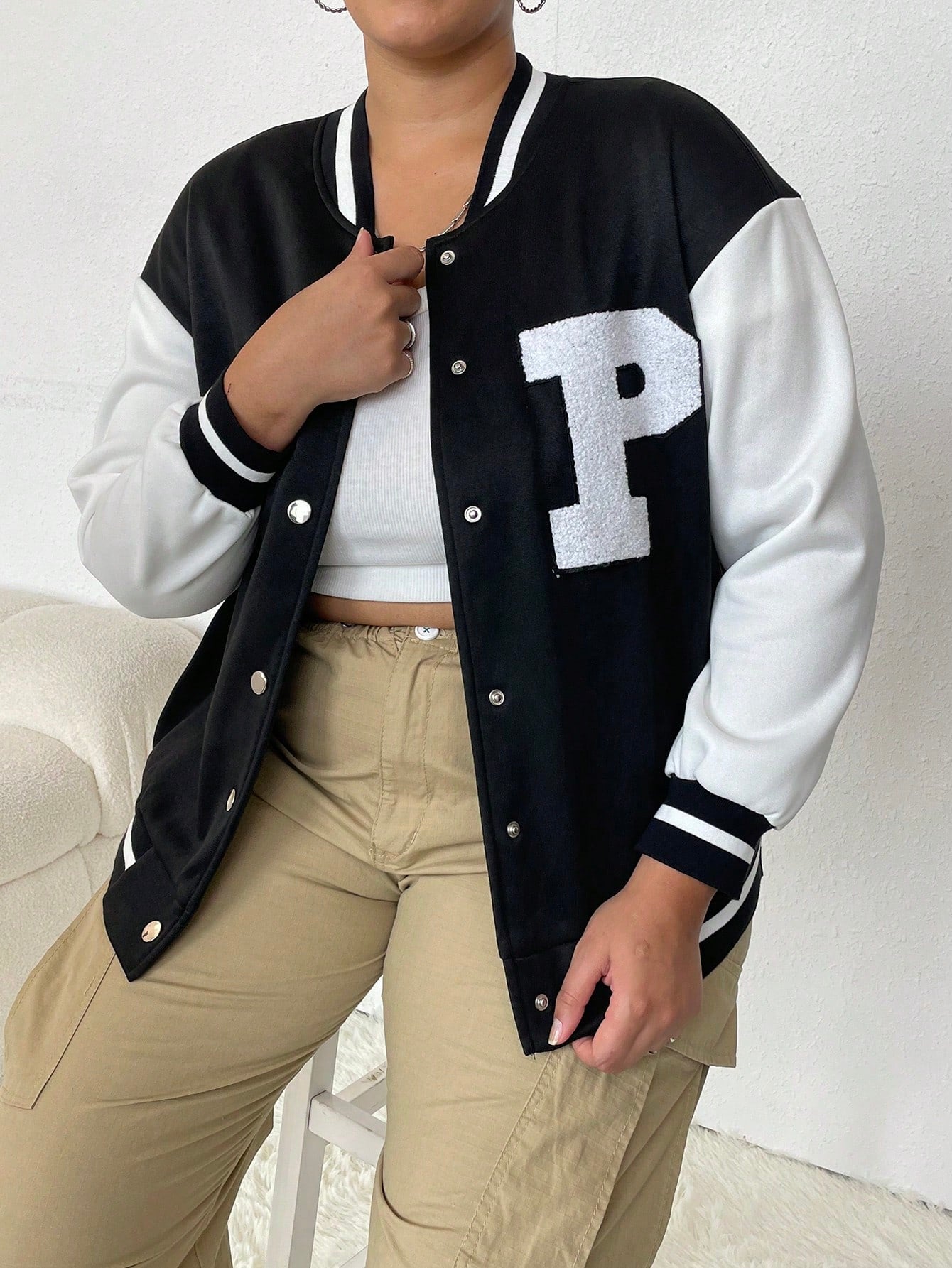 CURVE+ Plus Letter Patched Striped Trim Drop Shoulder Varsity Jacket