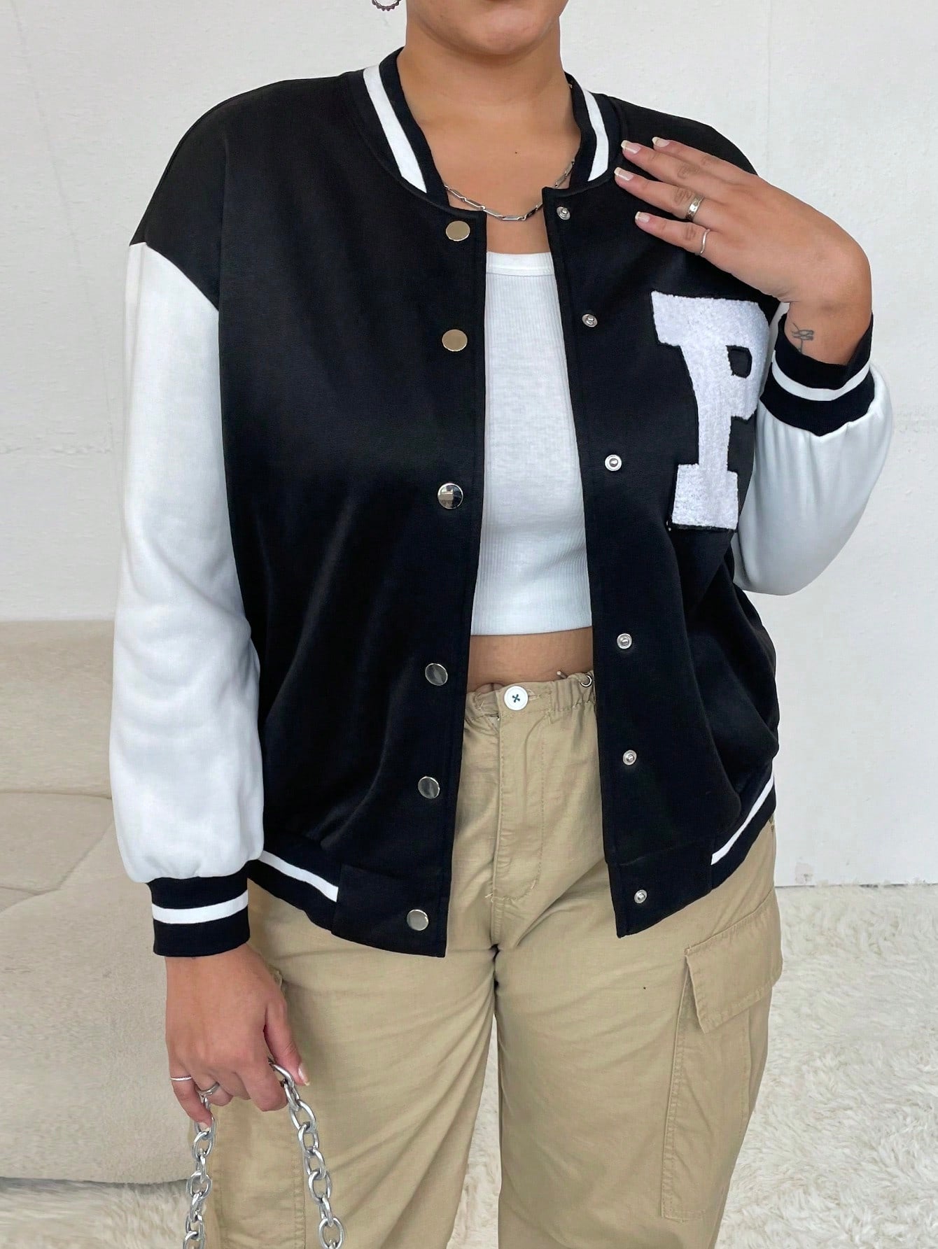 CURVE+ Plus Letter Patched Striped Trim Drop Shoulder Varsity Jacket