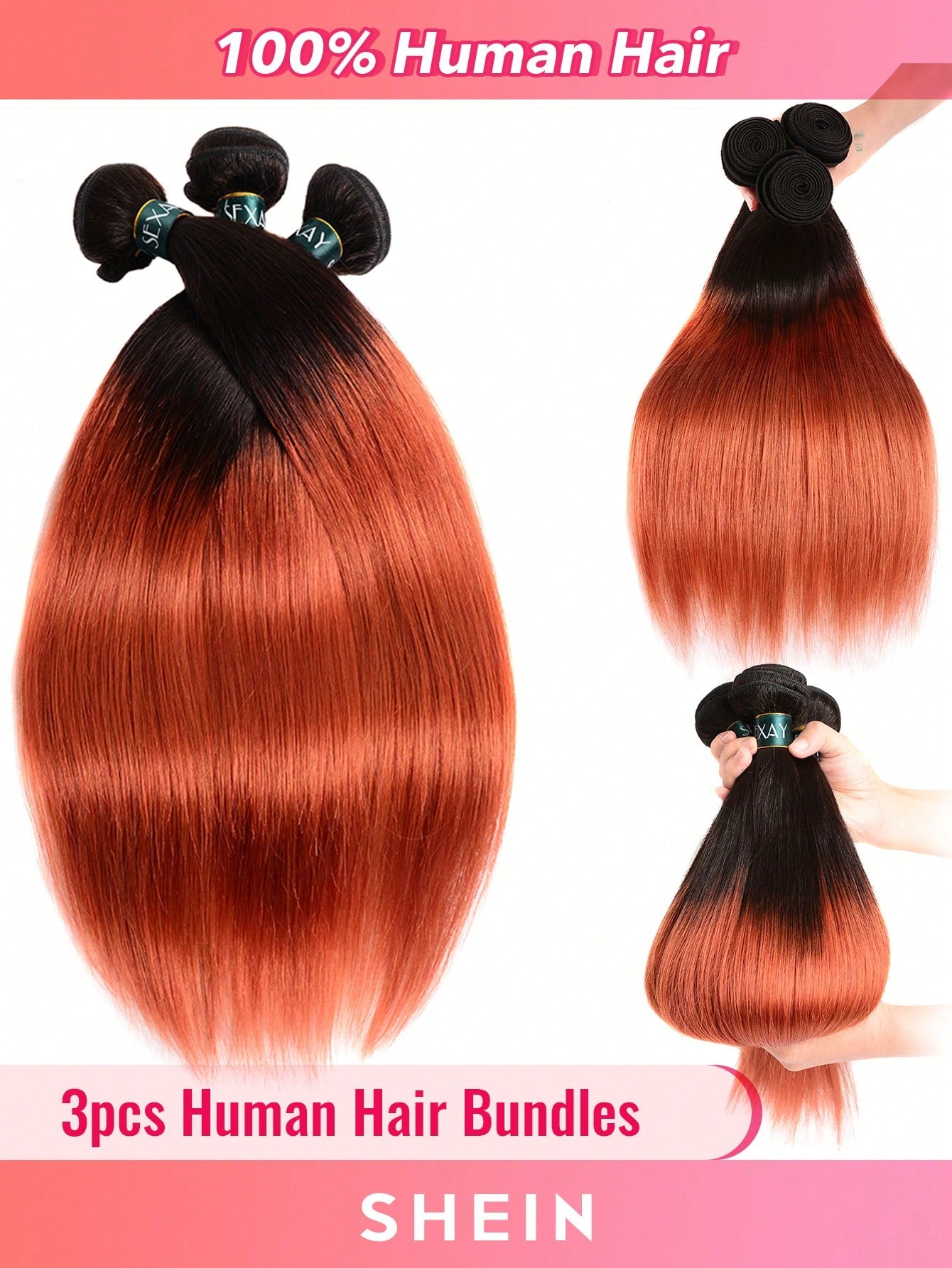 3Pcs Human Virgin Hair Bundles #350 Ombre Ginger Orange 3 Bundles Hair Extension for Women