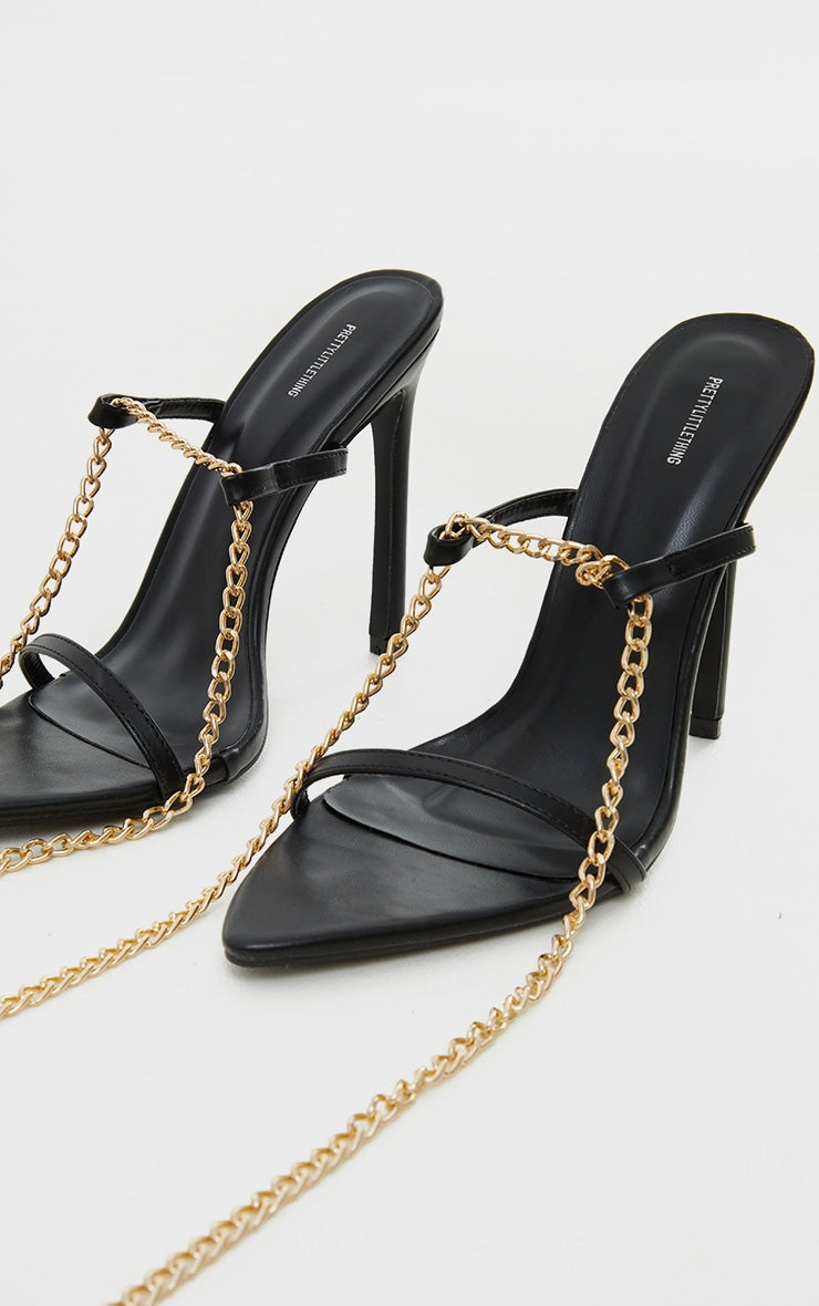 Black PU Pointed Strappy Chain High Heels