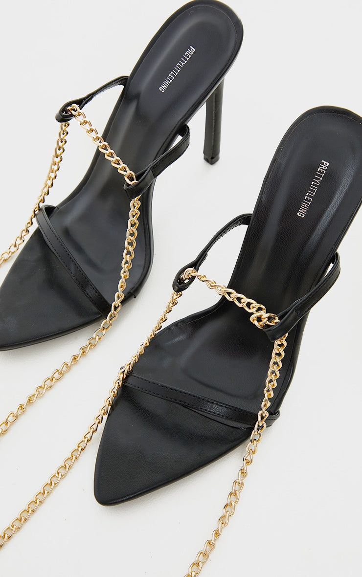Black PU Pointed Strappy Chain High Heels